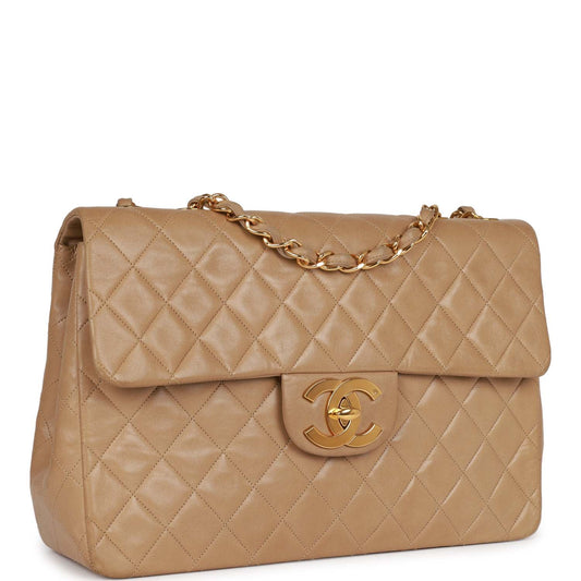 Chanel Xl Maxi Flap Bag Beige Lambskin Gold Hardware Rovelle Bags
