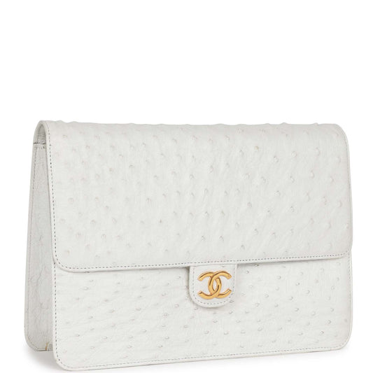 Chanel Single Flap Bag White Ostrich Gold Hardware Rovelle Bags