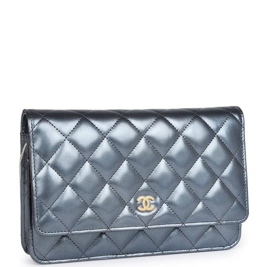 Chanel Wallet On Chain WOC Dark Blue Iridescent Calfskin Antique Gold Hardware Rovelle Bags
