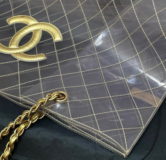 Chanel Rare 1990S Xxxl Oversized See Through Naked Gold Accent Pvc Tote Rovelle Bags