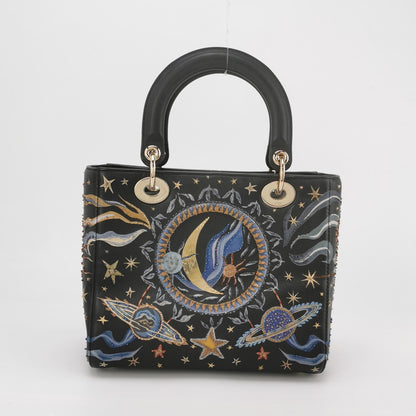 Lady Dior Medium Nature Ballet Star Embroidery Handbag Black Calfskin Leather Gold Hardware Rovelle Bags