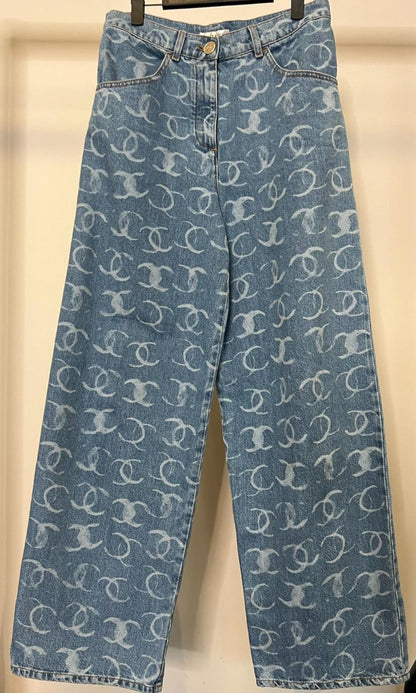 Chanel CC Printed Logo Embroidered Denim Wide Leg Jeans