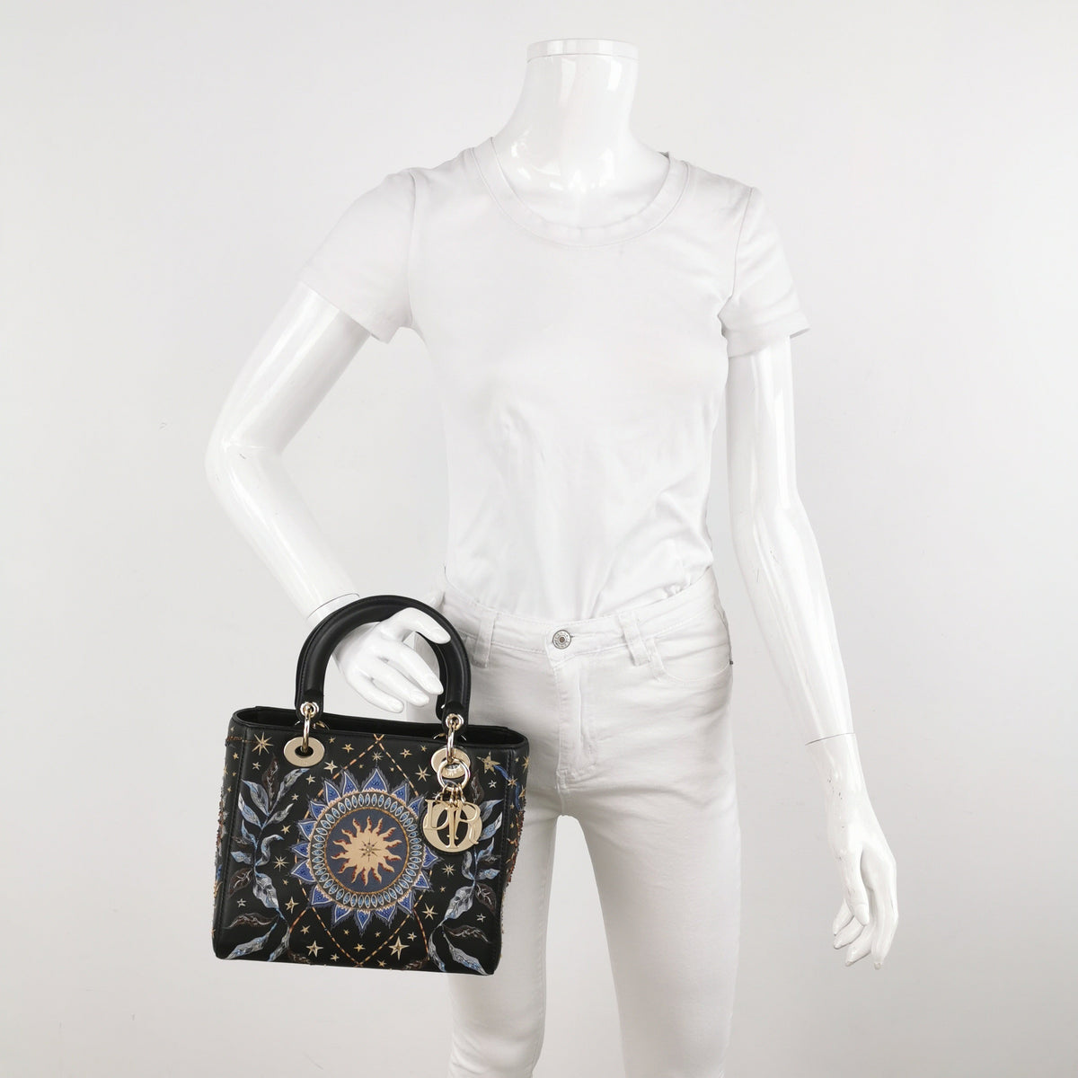 Lady Dior Medium Nature Ballet Star Embroidery Handbag Black Calfskin Leather Gold Hardware Rovelle Bags