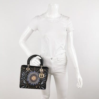 Lady Dior Medium Nature Ballet Star Embroidery Handbag Black Calfskin Leather Gold Hardware Rovelle Bags