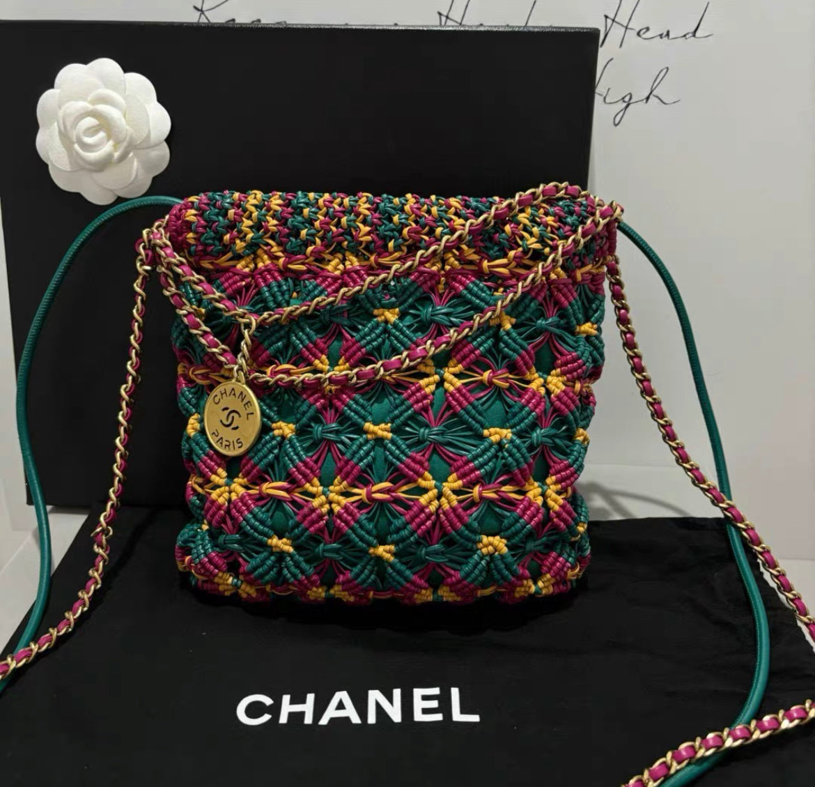 Chanel 23A Mini 22 Bag Multicolor Macrame Calfskin Gold Hardware Rovelle Bags