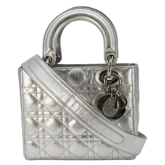 CHRISTIAN DIOR Lady Dior Lambskin Leather Shoulder Bag Metallic Silver Rovelle Bags