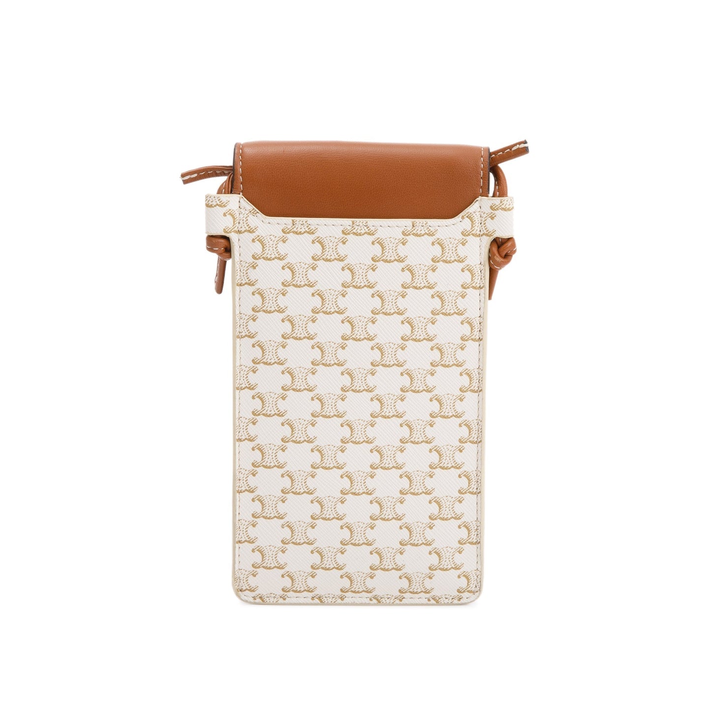 Celine 2021 White Triomphe Canvas & Tan Lambskin Leather Flap Phone Pouch