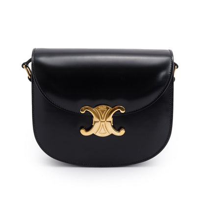 Celine 2023 Black Shiny Calfskin Leather Teen Triomphe Shoulder Bag