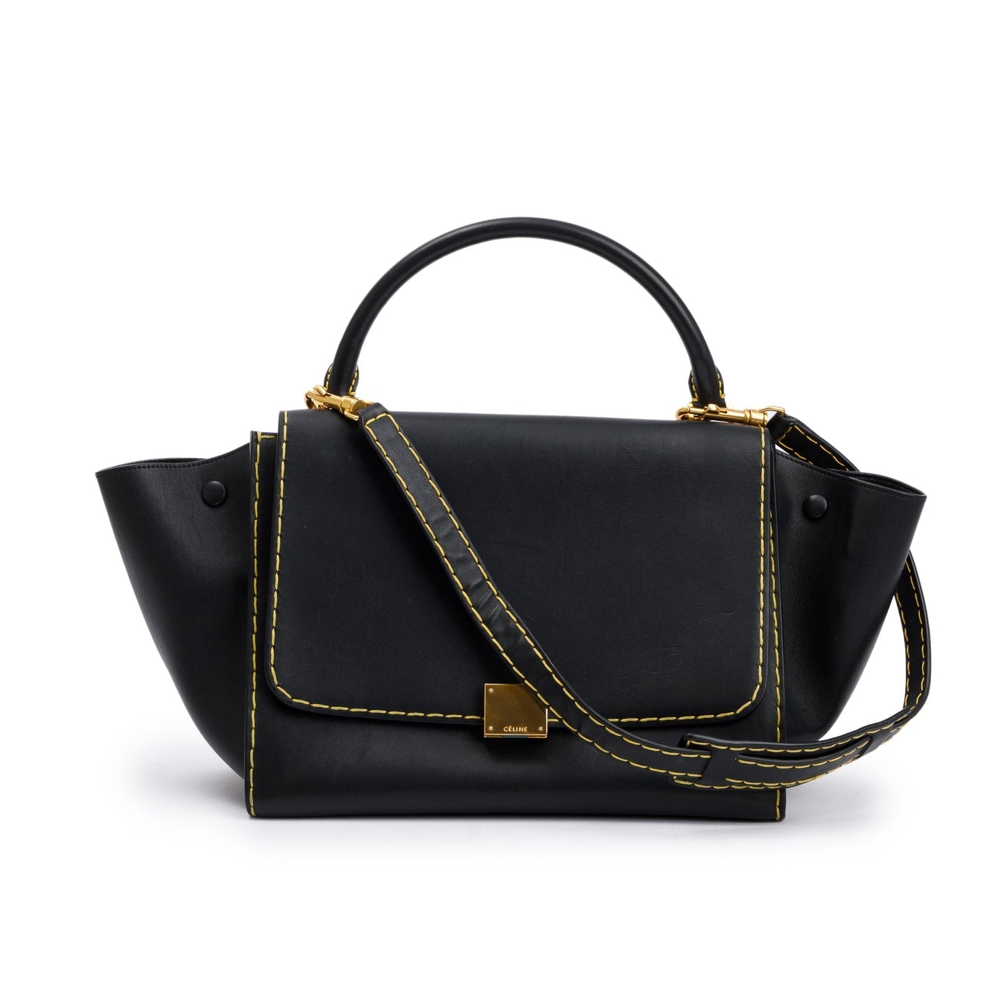 Celine Black Smooth Calfskin Leather Yellow Stitching Small Trapeze Bag