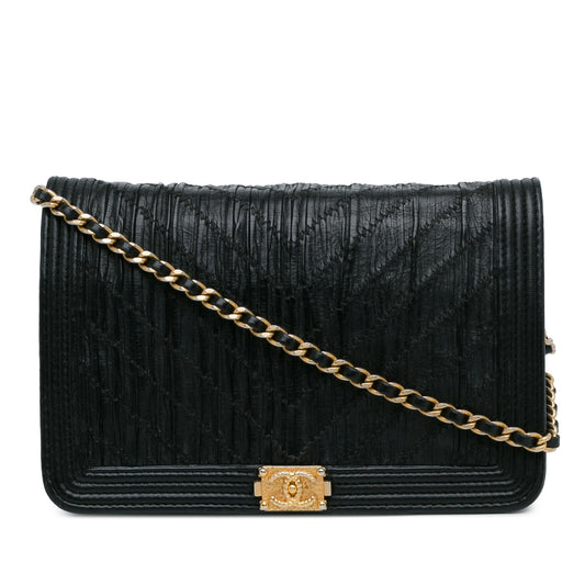 Chanel Pleated Crumpled Chevron Le Boy Wallet On Chain Rovelle Bags