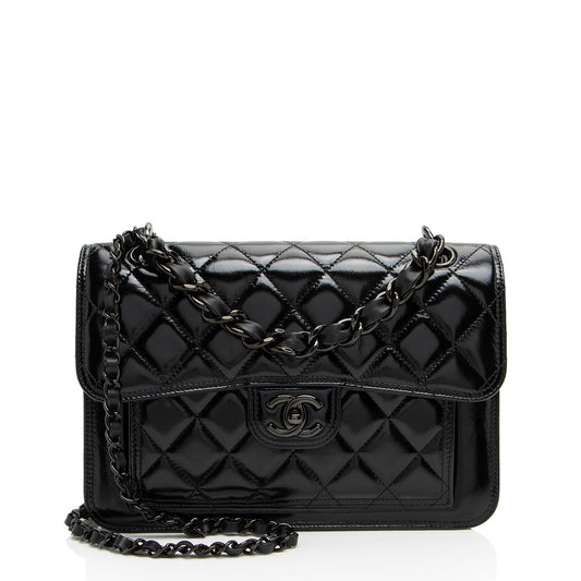 Chanel Shiny Crumpled Calfskin So Black Double You Flap Bag Rovelle Bags