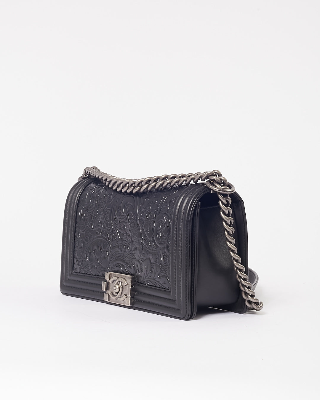 Chanel Black Lambskin Leather Jacquard Dallas Medium Boy Bag Rovelle Bags