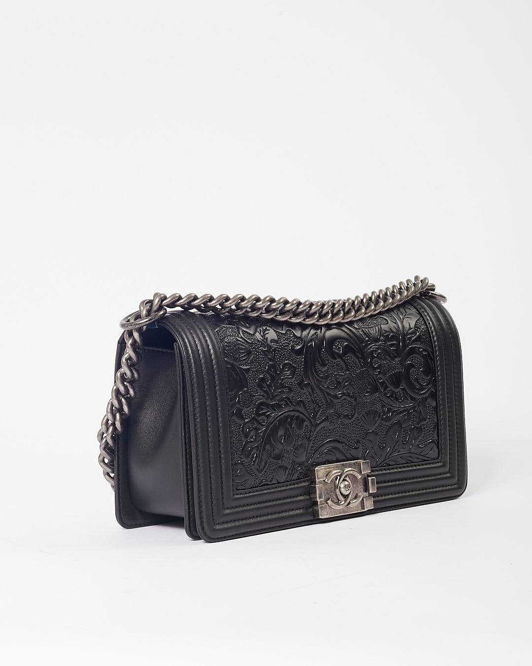Chanel Black Lambskin Leather Jacquard Dallas Medium Boy Bag Rovelle Bags