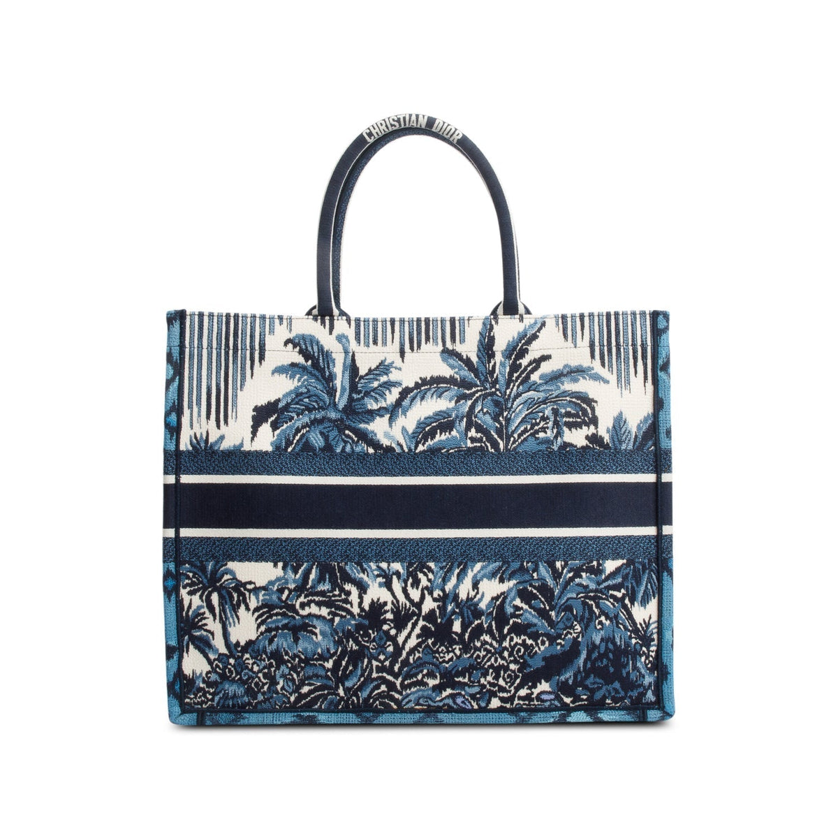 Christian Dior 2020 Blue Multicolor Toile De Jouy Palm Tree Embroidery Large Book Tote Rovelle Bags