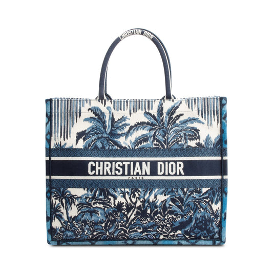 Christian Dior 2020 Blue Multicolor Toile De Jouy Palm Tree Embroidery Large Book Tote Rovelle Bags
