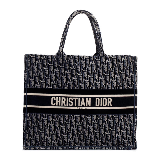 Christian Dior 2020 Ecru and Blue Dior Oblique Embroidery Large Book Tote Rovelle Bags