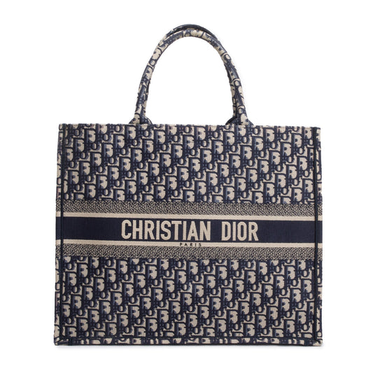 Christian Dior 2020 Ecru and Blue Dior Oblique Embroidery Large Book Tote Rovelle Bags