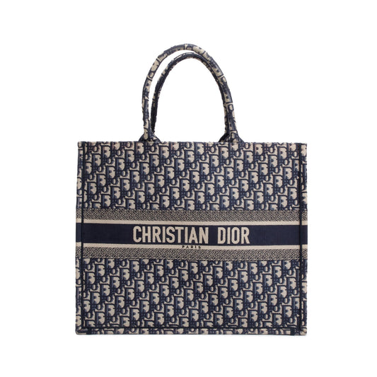 Christian Dior 2020 Ecru and Blue Dior Oblique Embroidery Large Book Tote Rovelle Bags
