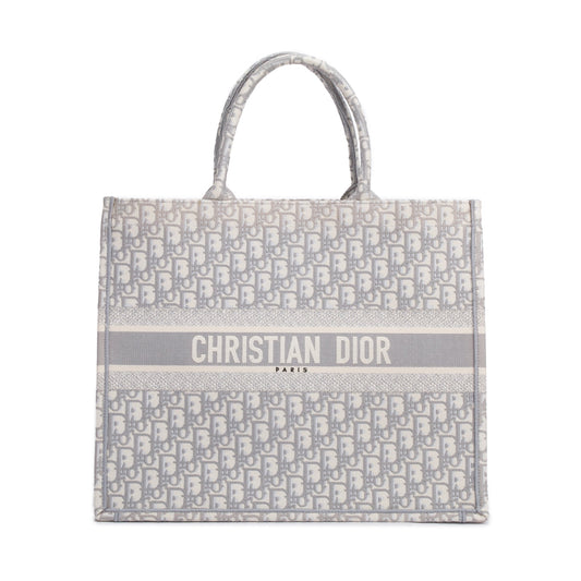 Christian Dior 2020 Grey & Neutral Dior Oblique Embroidery Large Book Tote Rovelle Bags