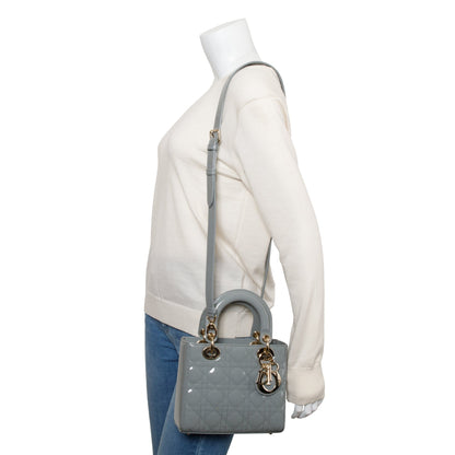 Christian Dior 2020 Grey Patent Cannage Leather Small Lady Dior Bag Rovelle Bags