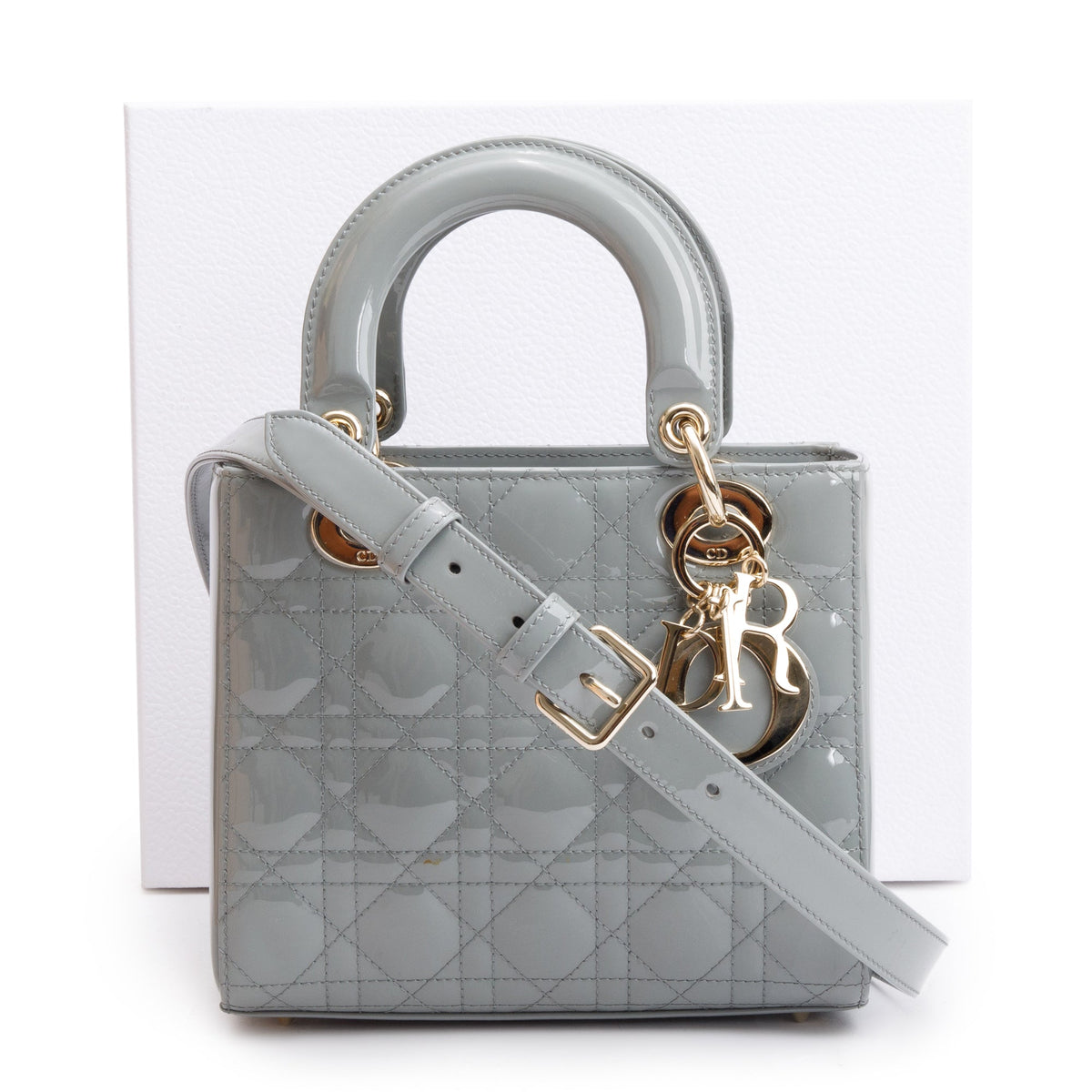 Christian Dior 2020 Grey Patent Cannage Leather Small Lady Dior Bag Rovelle Bags