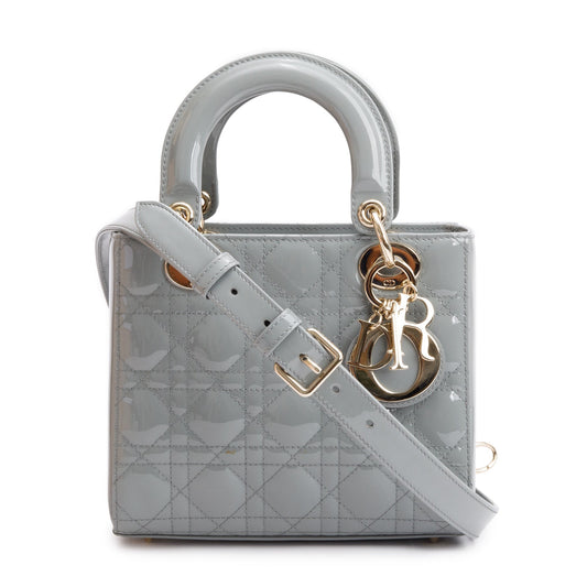 Christian Dior 2020 Grey Patent Cannage Leather Small Lady Dior Bag Rovelle Bags
