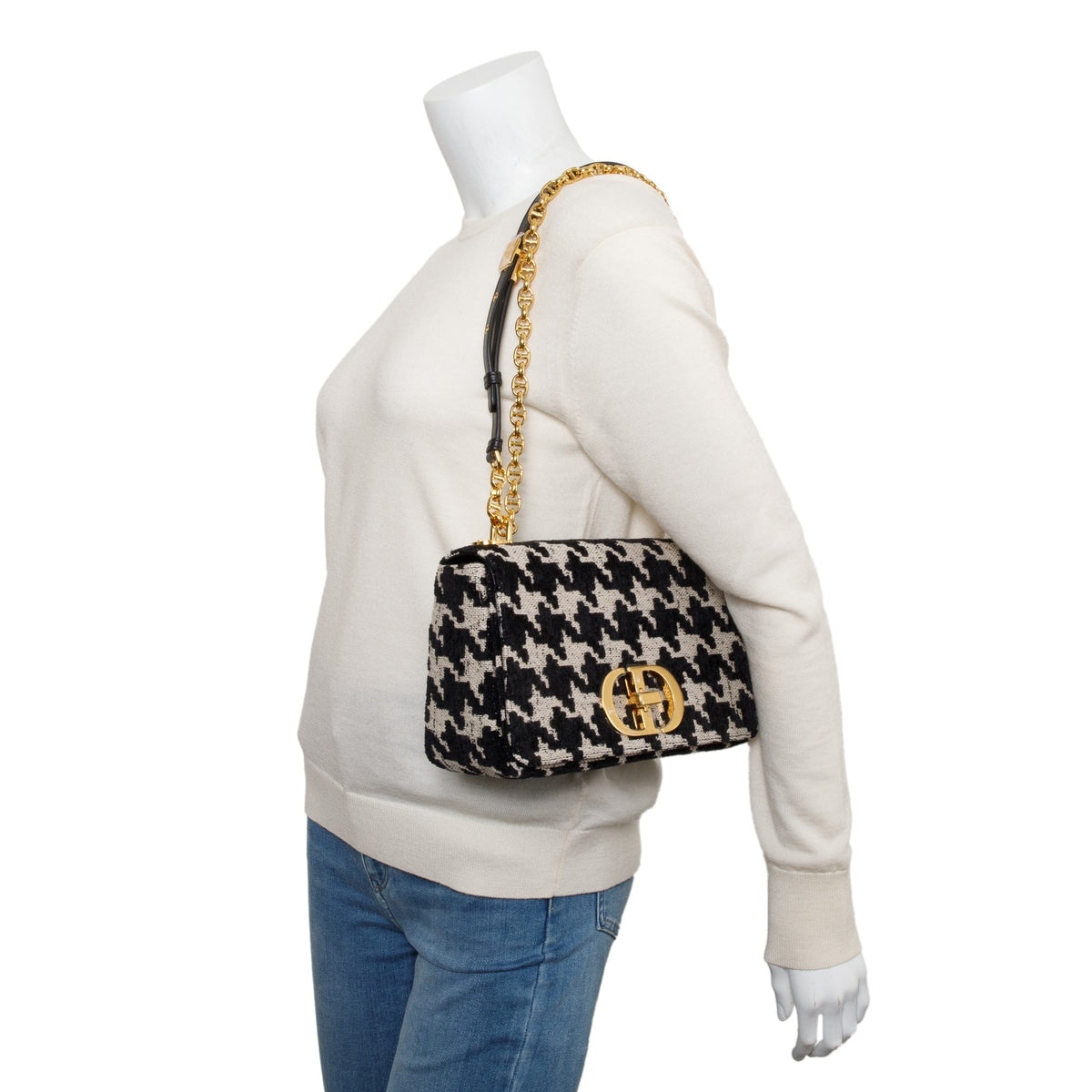 Christian Dior 2021 Black/White Technical Canvas Macro Houndstooth Medium Dior Caro Bag Rovelle Bags