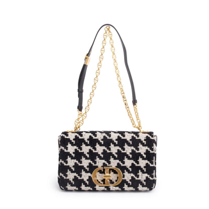 Christian Dior 2021 Black/White Technical Canvas Macro Houndstooth Medium Dior Caro Bag Rovelle Bags