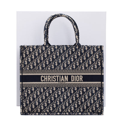 Christian Dior 2021 Ecru and Blue Dior Oblique Embroidery Large Book Tote Rovelle Bags
