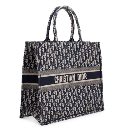 Christian Dior 2021 Ecru and Blue Dior Oblique Embroidery Large Book Tote Rovelle Bags