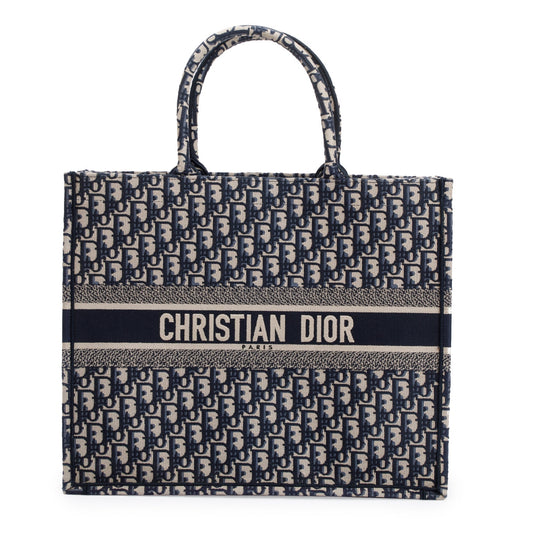 Christian Dior 2021 Ecru and Blue Dior Oblique Embroidery Large Book Tote Rovelle Bags