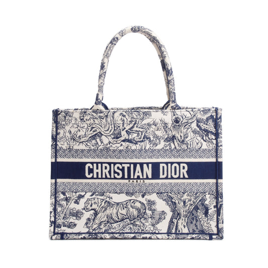 Christian Dior 2021 Ecru and Blue Toile De Juy Dioriviera Embroidery Medium Book Tote Rovelle Bags
