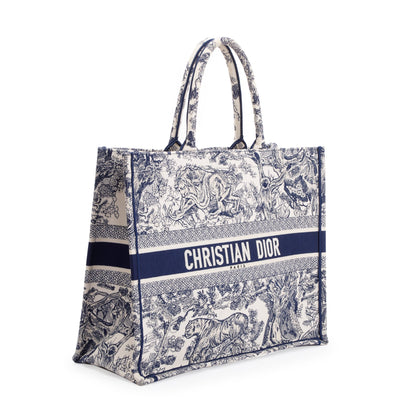 Christian Dior 2021 Large Ecru and Blue Toile de Jouy Embroidery Canvas Book Tote Rovelle Bags