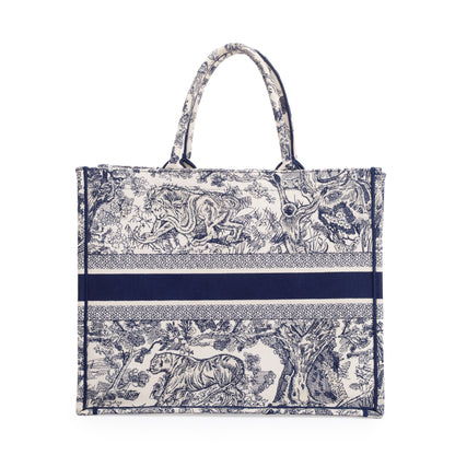 Christian Dior 2021 Large Ecru and Blue Toile de Jouy Embroidery Canvas Book Tote Rovelle Bags
