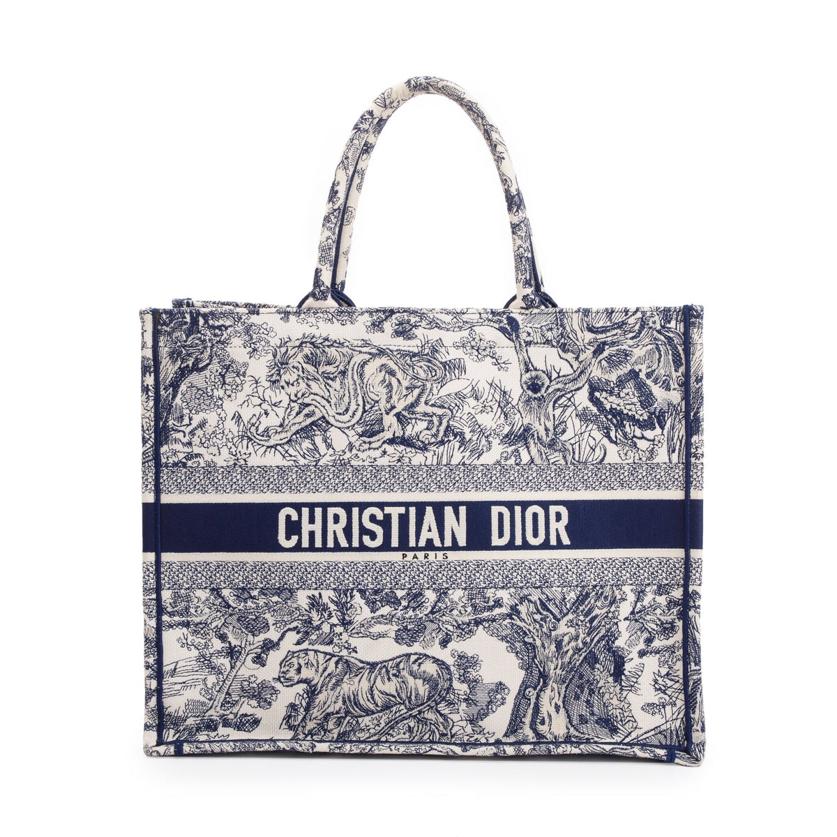 Christian Dior 2021 Large Ecru and Blue Toile de Jouy Embroidery Canvas Book Tote Rovelle Bags