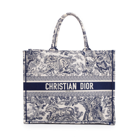 Christian Dior 2021 Large Ecru and Blue Toile de Jouy Embroidery Canvas Book Tote Rovelle Bags