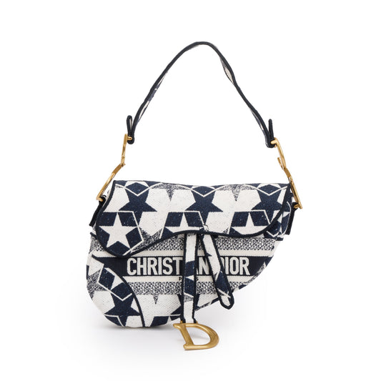 Christian Dior 2021 Navy & White Stars Embroidered Medium Saddle Bag Rovelle Bags