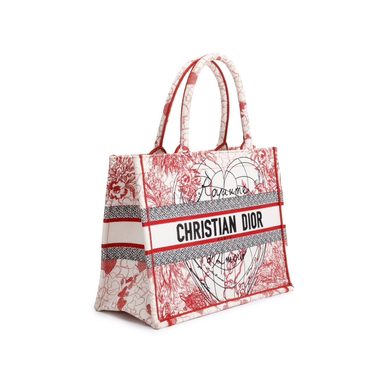 Christian Dior 2021 Red & White Royaume d'Amour Embroidery Medium Book Tote Rovelle Bags