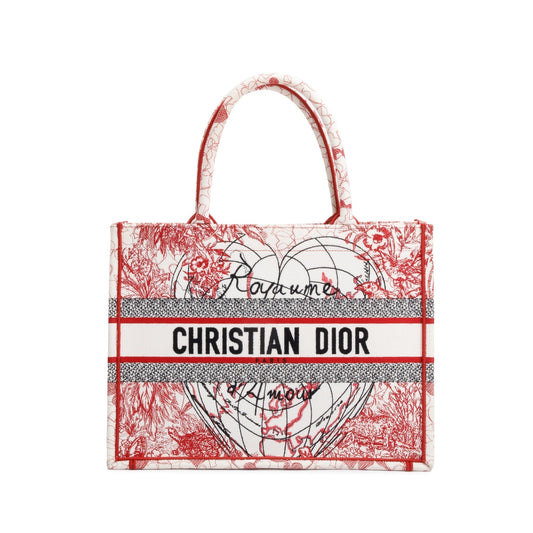 Christian Dior 2021 Red & White Royaume d'Amour Embroidery Medium Book Tote Rovelle Bags