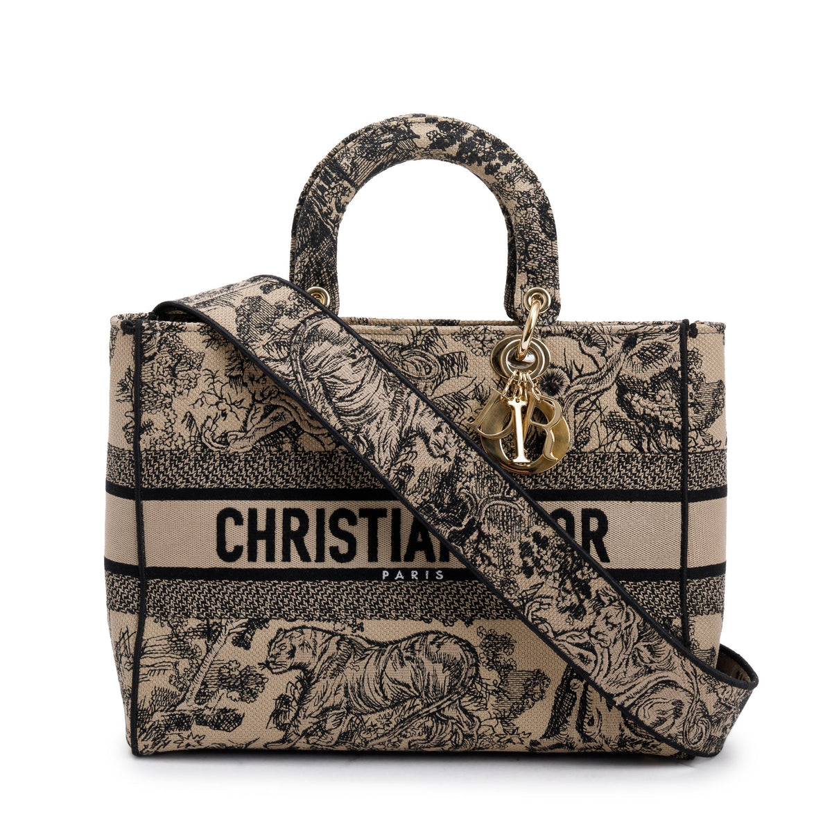 Christian Dior 2022 Beige & Black Toile De Jouy Soleil Embroidery Medium Lady D-Lite Bag Rovelle Bags