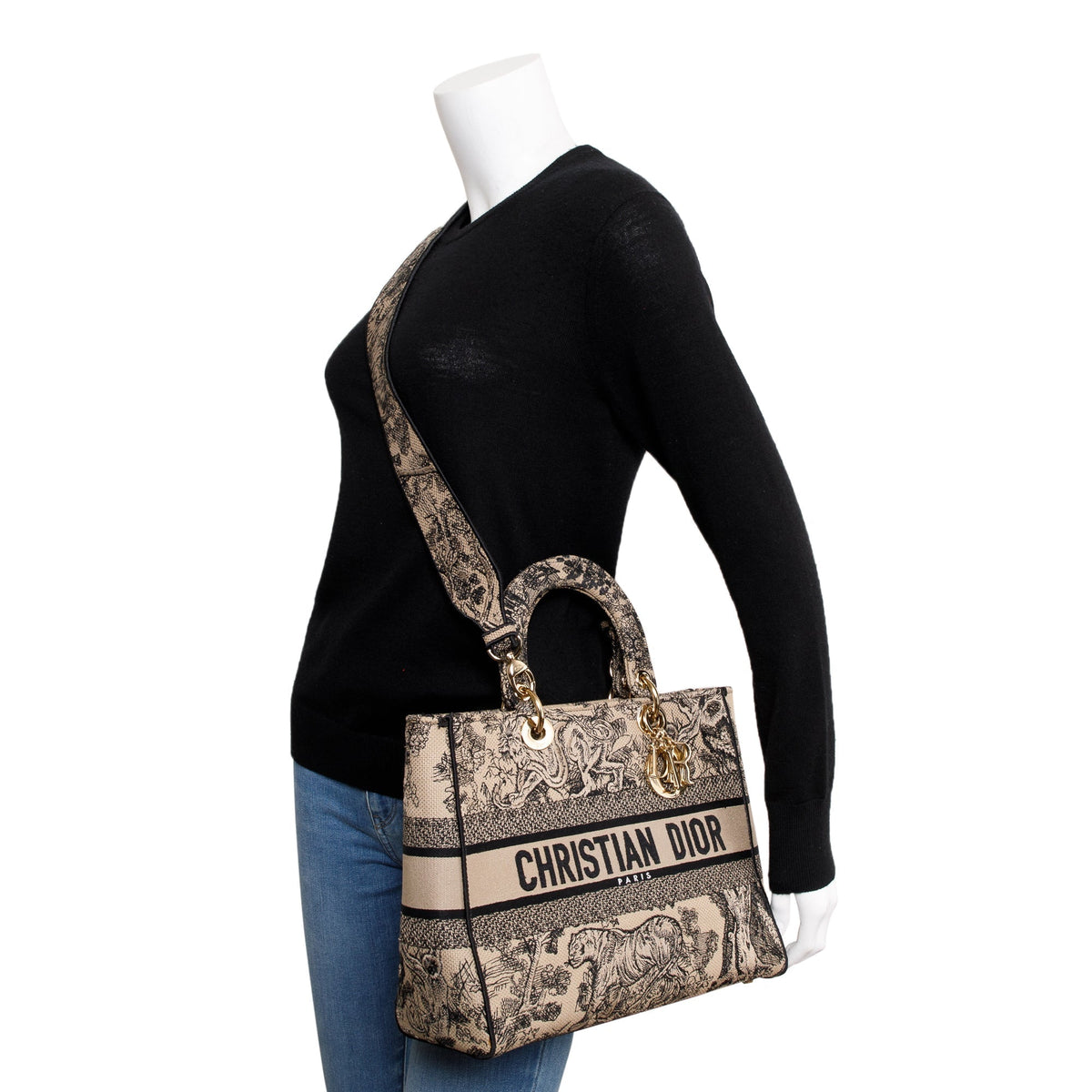 Christian Dior 2022 Beige & Black Toile De Jouy Soleil Embroidery Medium Lady D-Lite Bag Rovelle Bags