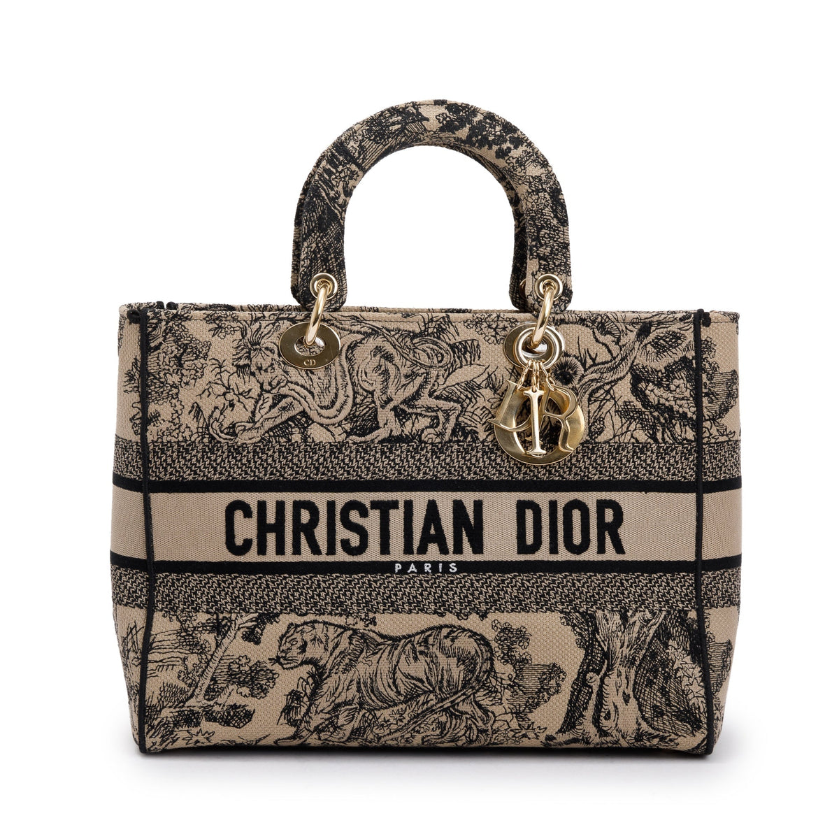 Christian Dior 2022 Beige & Black Toile De Jouy Soleil Embroidery Medium Lady D-Lite Bag Rovelle Bags