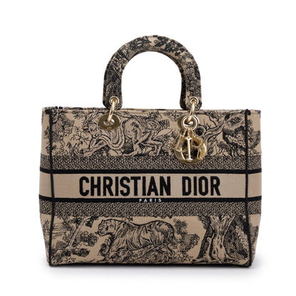 Christian Dior 2022 Beige & Black Toile De Jouy Soleil Embroidery Medium Lady D-Lite Bag Rovelle Bags