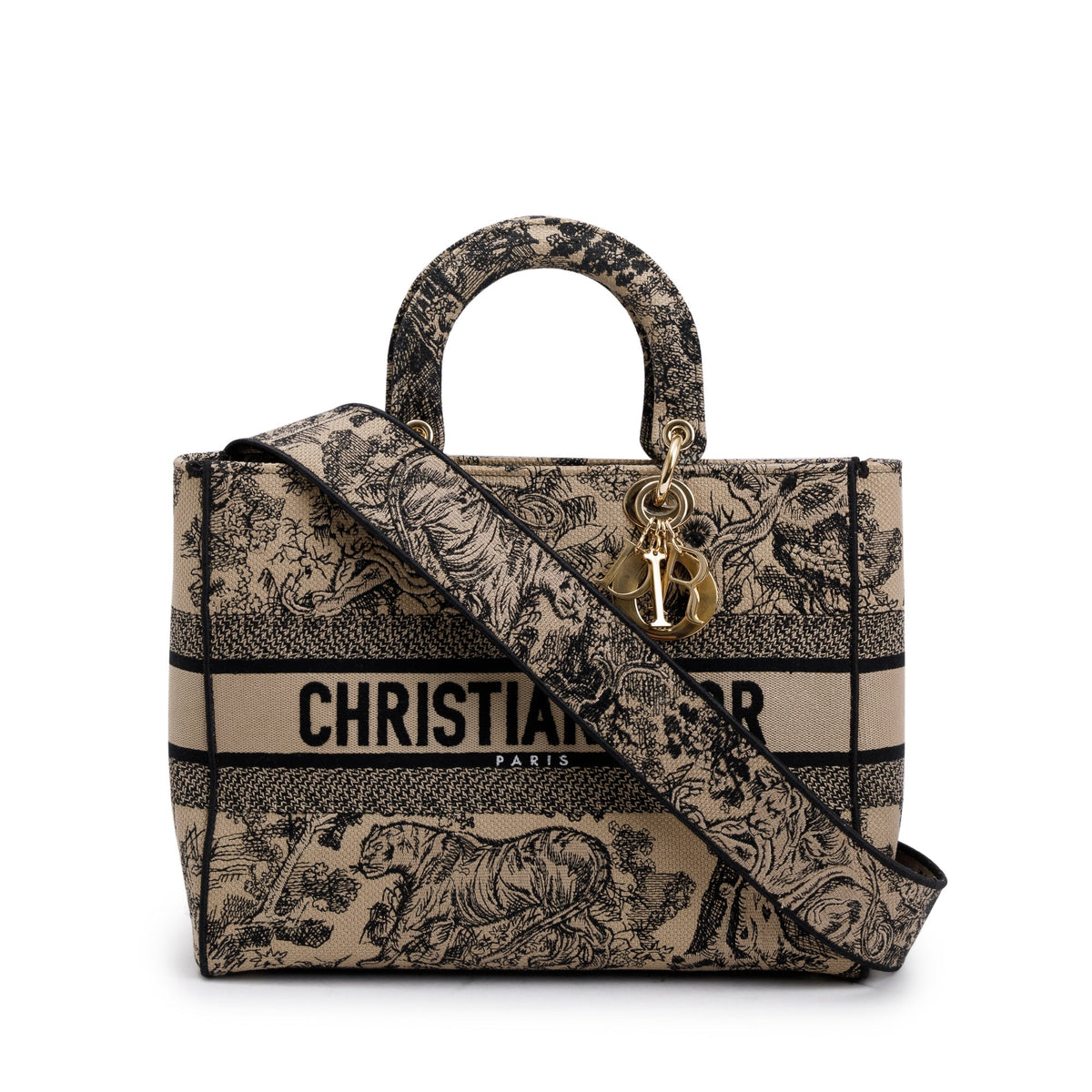 Christian Dior 2022 Beige & Black Toile De Jouy Soleil Embroidery Medium Lady D-Lite Bag Rovelle Bags