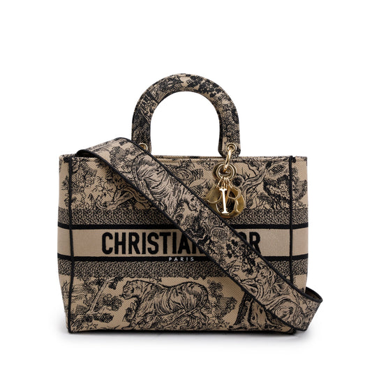 Christian Dior 2022 Beige & Black Toile De Jouy Soleil Embroidery Medium Lady D-Lite Bag Rovelle Bags