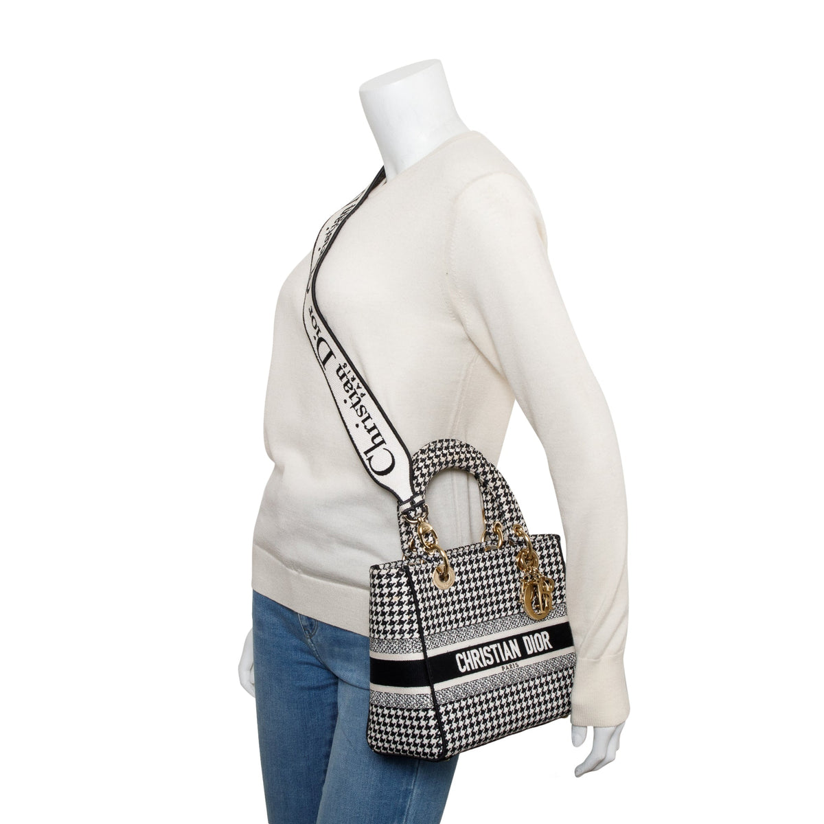 Christian Dior 2022 Black/White Houndstooth Embroidered Medium Lady D-Lite Bag Rovelle Bags