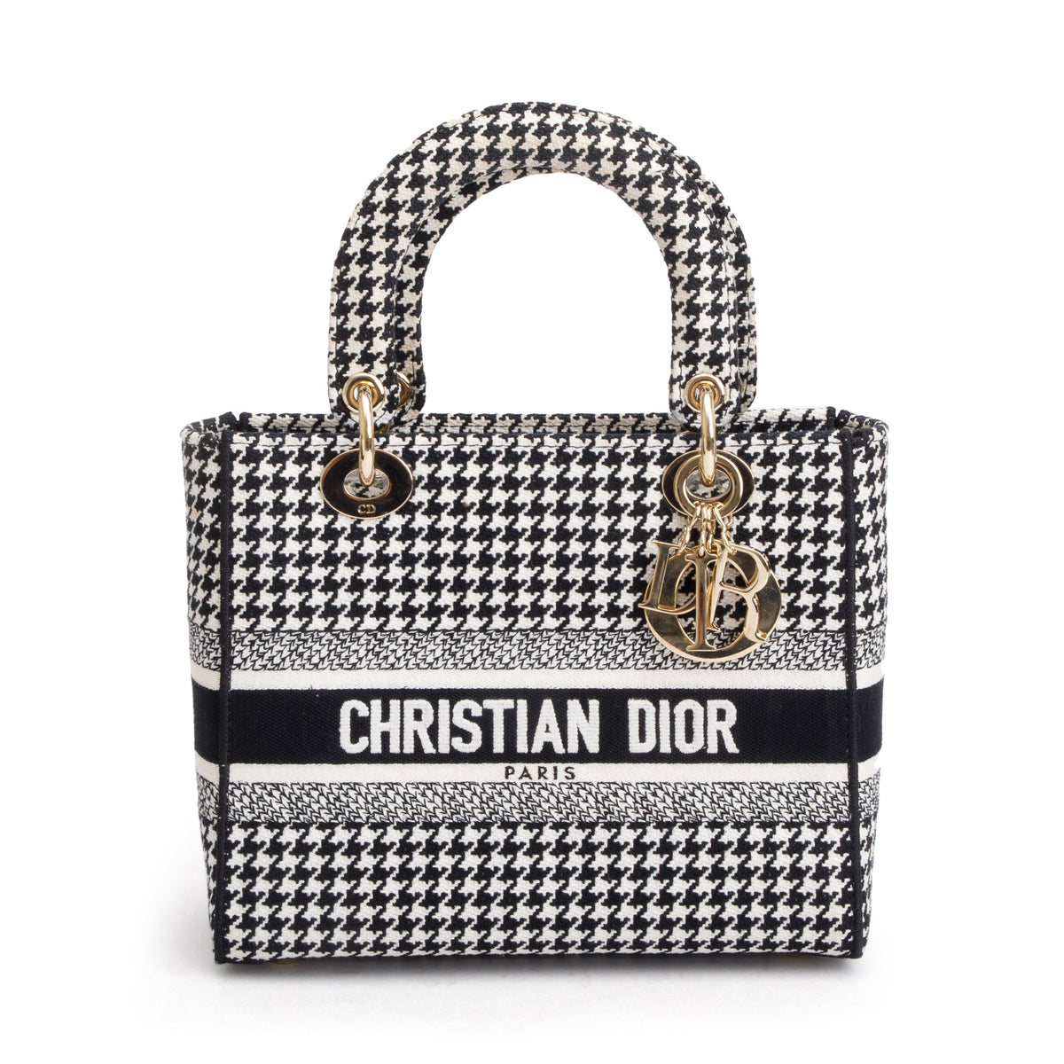 Christian Dior 2022 Black/White Houndstooth Embroidered Medium Lady D-Lite Bag Rovelle Bags