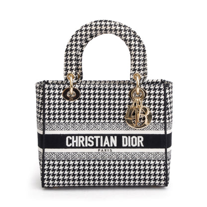 Christian Dior 2022 Black/White Houndstooth Embroidered Medium Lady D-Lite Bag Rovelle Bags