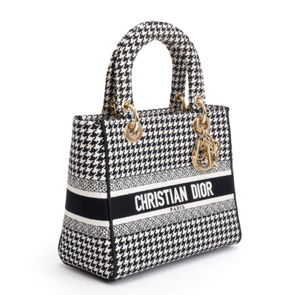 Christian Dior 2022 Black/White Houndstooth Embroidered Medium Lady D-Lite Bag Rovelle Bags