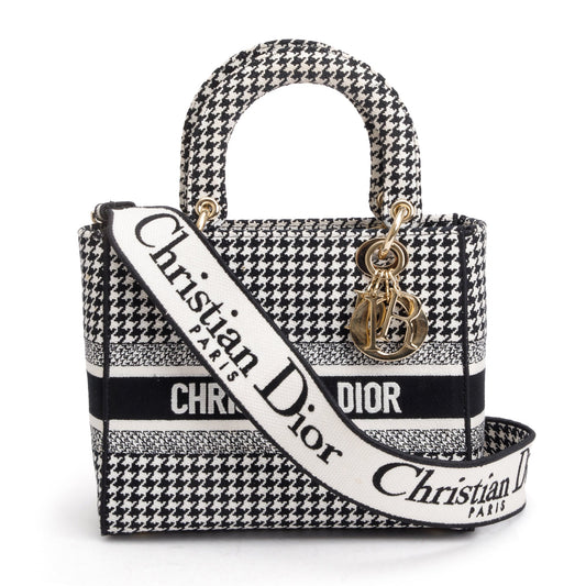 Christian Dior 2022 Black/White Houndstooth Embroidered Medium Lady D-Lite Bag Rovelle Bags